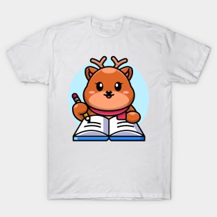 Cute deer writing on book with pencil cartoon T-Shirt